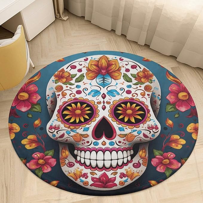 Coral Velvet Round Rug 2' Anti Slip TPR Backing Circle Colorful Sugar Skull Area Rug Quick Dry Plush 0.2 Inch Low Pile Door Mat Senior & Pet Friendly Carpet for Bathroom Kitchen Bedroom Entryway - skull toilet mat
