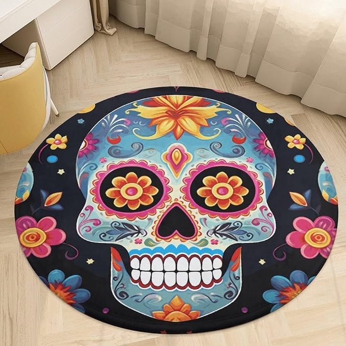 Coral Velvet Round Area Rug 2' Non-Slip TPR Backing Carpet 0.2 Inch Low Pile Sugar Skulls Door Mat Washable Decorative Floor Rug for Bathroom Kitchen Entryway Home Decor Aesthetic Farmhouse - skull toilet mat