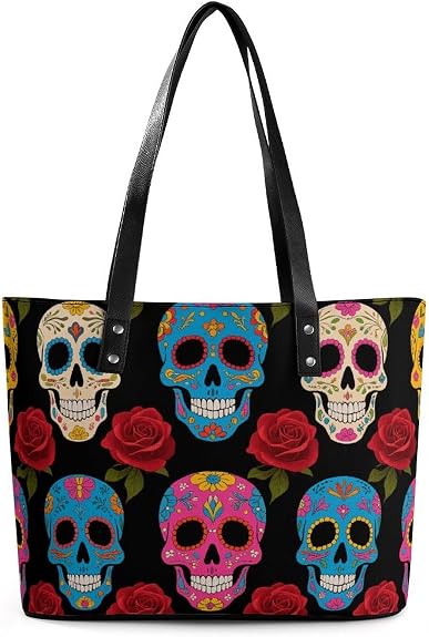 PU Leather Tote Bag for Women - 15 Inch Large Capacity Handbag with Zipper Sugar Skulls Shoulder Bag for Work, Gym, Travel & Shopping - sugar skull handbags for sale