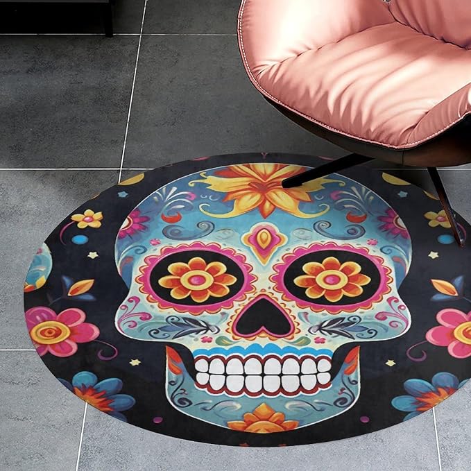 Coral Velvet Round Area Rug 3' Non-Slip TPR Backing Carpet 0.2 Inch Low Pile Sugar Skulls Door Mat Washable Decorative Floor Rug for Bathroom Kitchen Entryway Home Decor Aesthetic Farmhouse - skull carpet