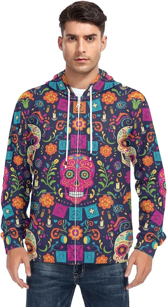 Dia De Los Muertos Mexican Sugar Skull Flower Men's Soft Jackets Men's Zipper Hoodie - skull hoodie