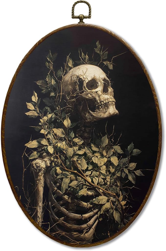 JQF Gothic Botanical Skeleton Oval Wall Decor, Dark Cottagecore Oval Canvas Wall Art, Moody Goth Botanical Skull Skeleton Framed Prints Hanging Decor for Home Bedroom Living Room, 8.5x11.5 Inch - skull wall art