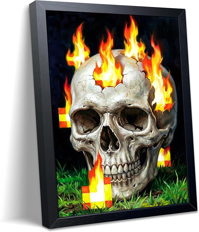 Burning Skull Wall Art, Gamer Style Wall Decor, With Pixel Fire Skull Canvas Print, Boys Room Decor, Dark Gothic Horror Painting Poster for Bedroom Game Room 8x10 Inch Wood Framed - skull wall art
