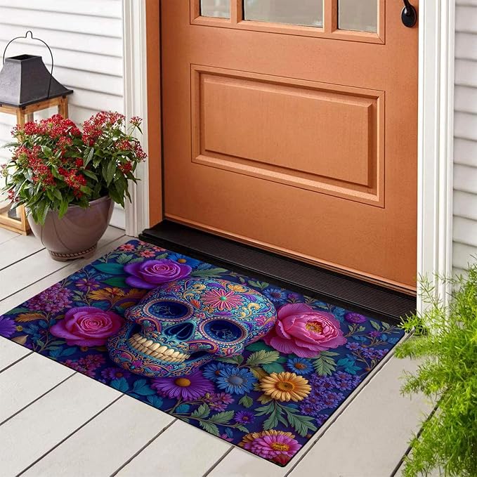 3D Rose Sugar Skull Entryway Rug, 18"X30" Dark Purple Washable Front Door Mat Indoor Entrance Mexican Ethnic Style Carpet Non-Slip Low Pile Throw Rugs for Kitchen Floor Powder Room Entry - skull floor mat