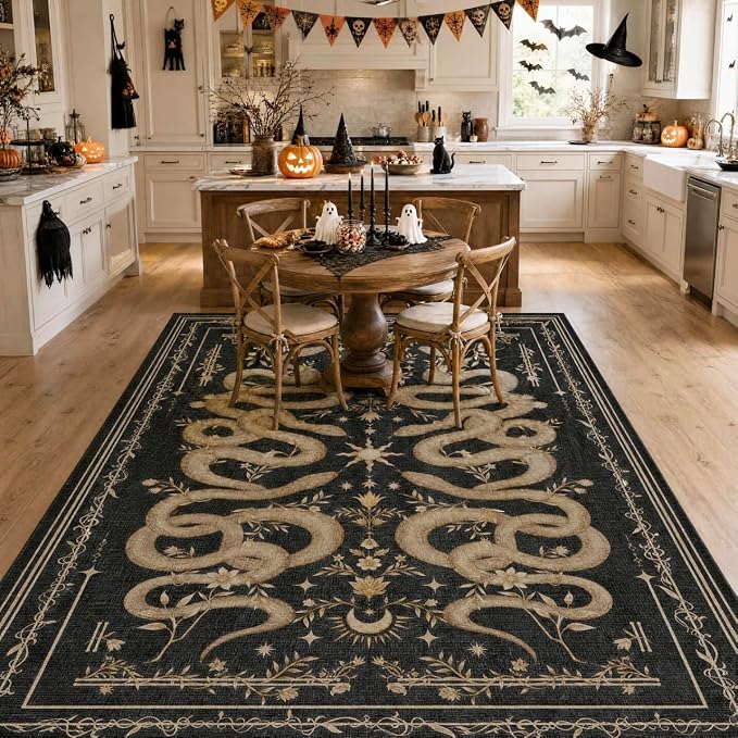 Garvee Snake Gothic Washable Rug 5x7 Dark Whimsical Moody Witchy Unique Soft Thin Carpet for Living Room Bedroom Playroom Indoor Decor Low Pile TPE Backing Black Gray - skull carpet