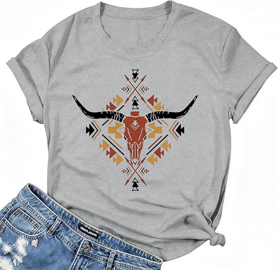 Western Cowgirl Vintage T-Shirt for Women Retro Rodeo Country Music Wild West Graphic Short Sleeve Tops - skull tshirt