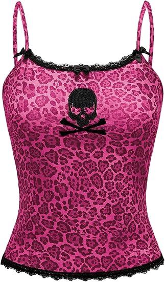 RoseSeek Women's Y2K Cheetah Cami Top Skull Print Lace Trim Grunge Tops - skull tank tops