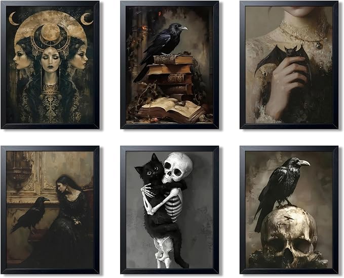 XYHYRA Vintage Gothic Wall Art Set of 6, Dark Academia Witchy Posters, Victorian Raven & Skull Prints, Halloween Home Decor for Living Room Bedroom Bathroom 12×16 Inch Unframed