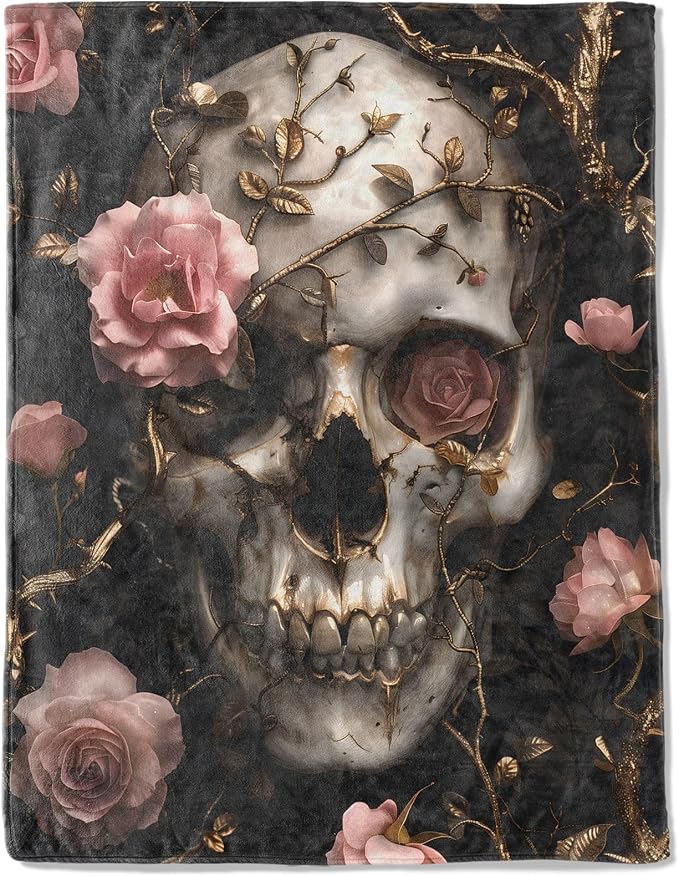 Skull Rose Floral Fleece Blanket,Gothic Blankets,Elegant Flower and Skeleton Decorative Throws for Cabin,Office,Sofa,Car,Travel,Lightweight Throw Gifts for Teens Women Goth Lovers 50”x60” - skull blanket