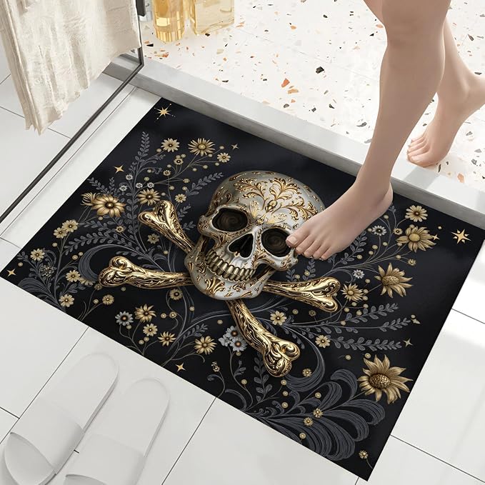 Luxurious Skull Crossbones Area Rug 15"X24" Entryway Baroque Plants Washable Indoor Doormat Accent Rug Lightweight Small Non-Slip Low Pile Black and Gold Carpet for Kitchen Bedroom Bathroom - skull carpet
