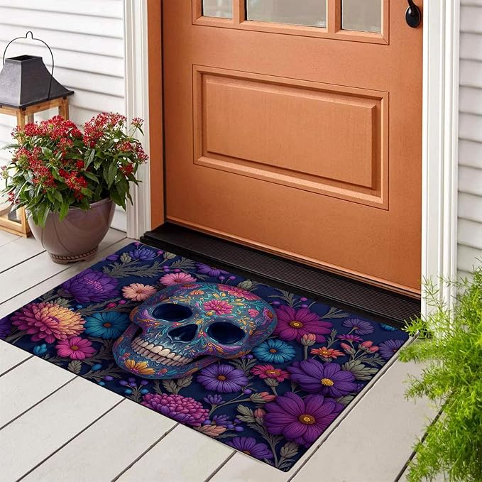 Mexican Sugar Skull Entryway Rug, 2'X3' Purple Washable Front Door Mat Indoor Entrance Ethnic Floral Design Carpet Non-Slip Low Pile Throw Rugs for Kitchen Floor Powder Room Entry - skull carpet