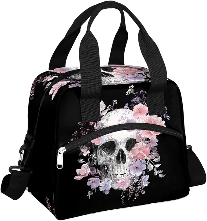 cfpolar Insulated Lunch Bag for Adult Women Men, Gothic Skull Flower Leakproof Lunch Cooler Tote Bag Thermal Lunch Box Meal Prep Bag with Adjustable Shoulder Strap for Beach, Picnic Outdoor,E-12 - sugar skull handbags for sale
