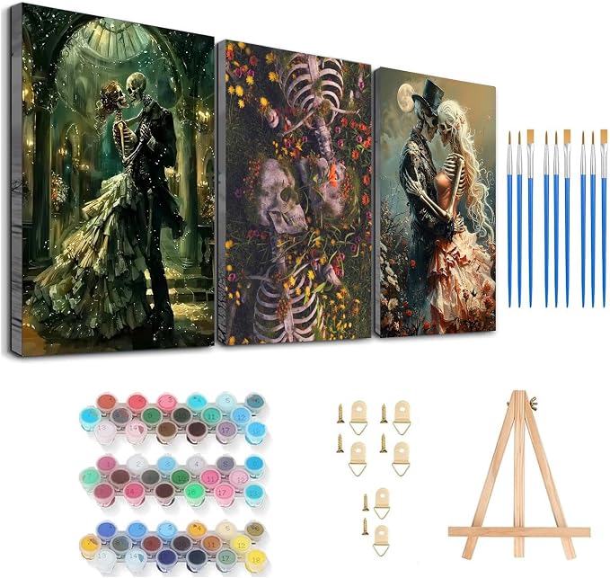 Axquilon 3 Packs Skull Couple Framed Paint by Numbers Kit for Adults 8x10in - skull painting