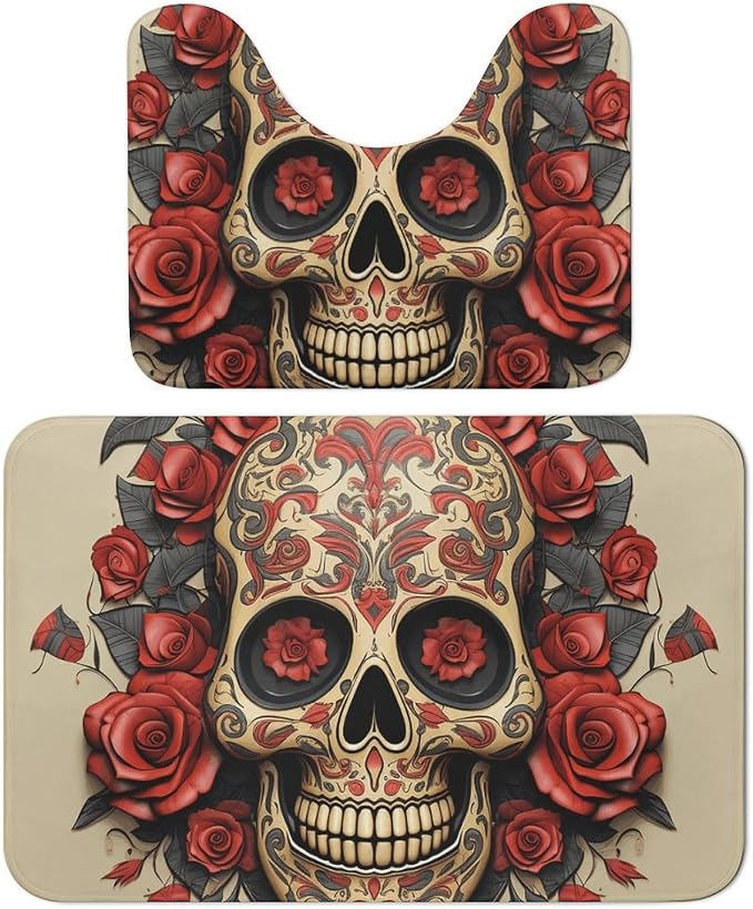 Red Rose Sugar Skull Bathroom Rugs Set 2 Piece - Super Soft Coral Fleece Bath Rug & U-Shaped Toilet Mat Non-Slip Absorbent Floor Mat for Bathroom, Living Room, Bedroom 15.7"x23.6" - skull toilet rug
