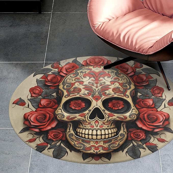 3Ft Coral Velvet Round Rug Machine Washable Non Slip TPR Backing Red Rose Sugar Skull Area Rug Pet Friendly Doormat Low Pile Soft Plush Bedroom Carpet for Living Room Kitchen Entryway Dorm Indoor - skull carpet