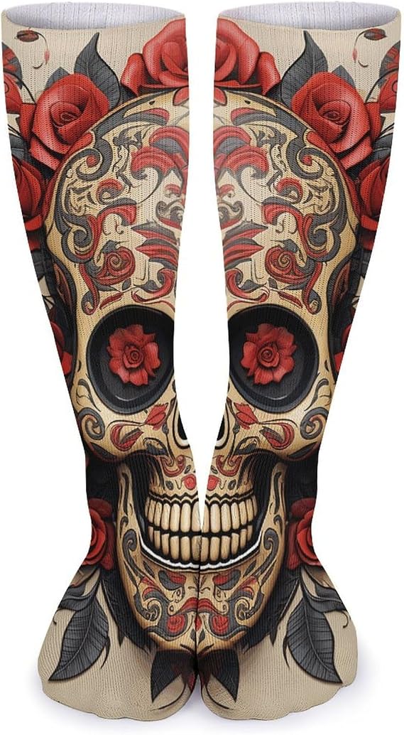 Red Rose Sugar Skull Crew Socks for Men Women Funny Novelty Athletic Long Tube Socks for Soccer Running Hiking - sugar skull costume