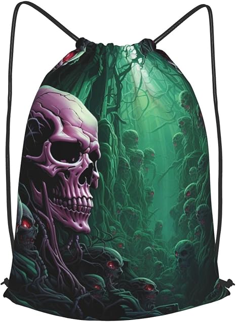 Drawstring Backpack Sports Gym Bags Skull Under Green Light Drawstring Bags for Men Women Beach Bag String Bag - string light