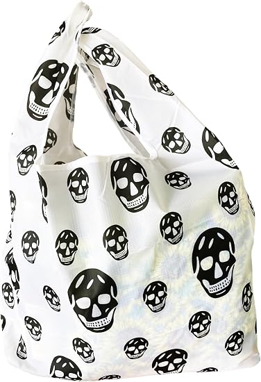 Mazeology Gothic Skull Pattern Reusable Shopping Tote Bag, White with Black Skulls, Foldable Ripstop, Heavy Duty 44 lb Capacity, Machine Washable, X-Large with Pouch - sugar skull handbags for sale