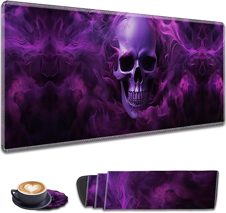 Extended Gaming Mouse Pad with Stitched Edges, Large Anti-Slip Mouse Pad (31.5x11.8 Inches) Desk Pad Keyboard Pad + Coaster for Work/Gamer/Home, Wake-Purple Skull - skull coaster