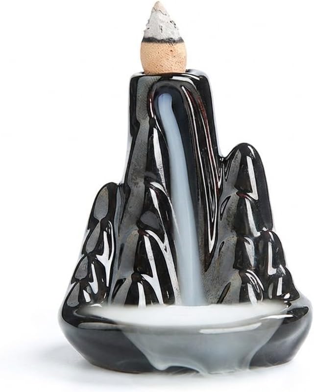 Handmade Ceramic Backflow Incense Holder - Waterfall Incense Burner Ornament, Mountain Design Aromatherapy Fountain for Home Decor, Yoga, Meditation & Office, Unique Zen Gifts (Black) - skull incense burner