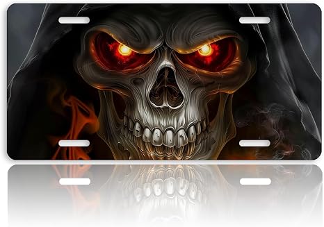 Skull Front License Plate for Men Fantasy Gothic Skeleton Car Vanity Plates Decorative Aluminum Metal Cute Novelty License Plate for Women 6x12 Inch (4 Holes) - skull plate