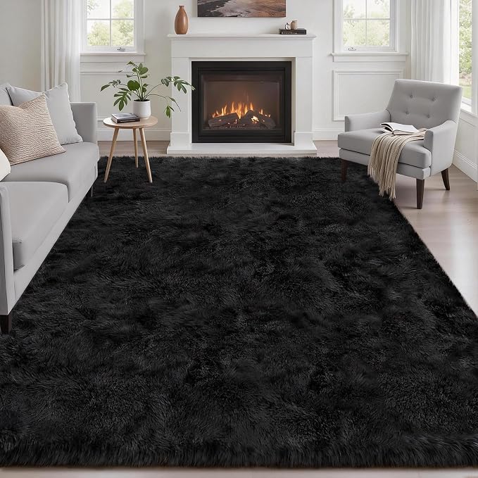 Area Rug Living Room Bedroom: 5×7 Fluffy Plush Shag Carpet Black