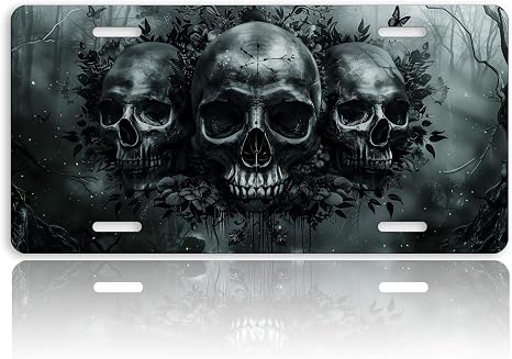 Skull Front License Plate for Men Skeleton Black Forest Art Car Vanity Plates Decorative Aluminum Metal Cute Novelty License Plate 6x12 Inch (4 Holes) - skull plate