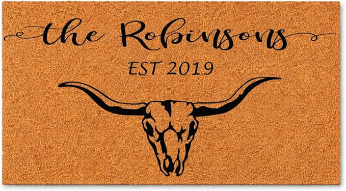 Custom Personalized Doormat: Family Name Texas Longhorn Skull, Western Welcome Mat, Wedding Gift for Newlyweds (24x36) 1927 - skull door mat