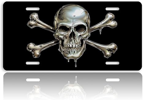 Skull Jolly Roger Front License Plate for Men Pirate Flag Crossbones Car Vanity Plates Decorative Aluminum Metal Cute Novelty License Plate for Women 6×12 Inch (4 Holes)