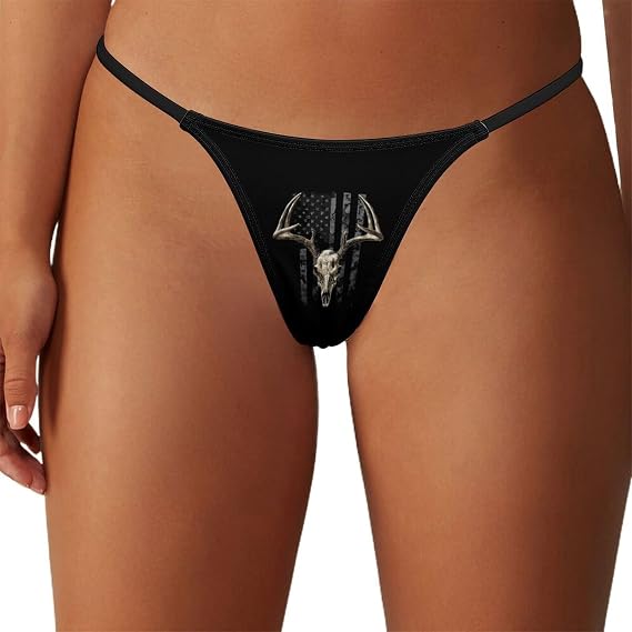 Deer Skull U.S. Flag Printed G-String Thongs for Women Stretch T-back Tangas Low Rise Underwear Sexy - skull swimsuit