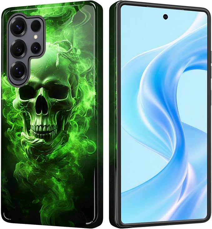 Case for Samsung Galaxy S26 Ultra 6.9 Inch 2026, Military-Grade Dual Layer Shockproof Protective Phone Case, Anti-Scratch Hybrid TPU + PC Cover,Cool Green Flame Skull - Skull phone case