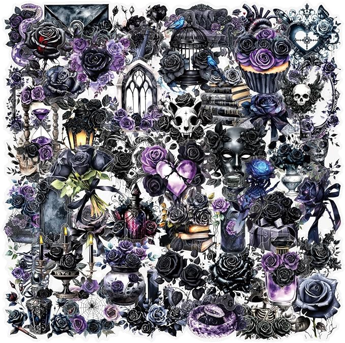 50 PCS Black Rose Stickers Pack, Cute Waterproof PET Transparent Sticker for Journaling Laptop Scrapbook Water Bottles Guitar Suitcase Phone Gifts for Kids Adult Teens - skull sticker