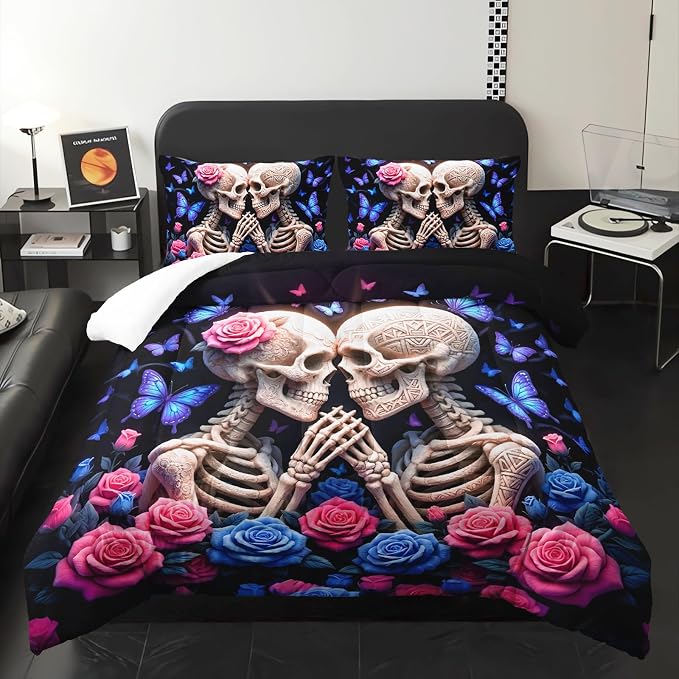Skull People Comforter 3Pcs Queen Gothic Skeleton Floral Bedding Set - skull bedding