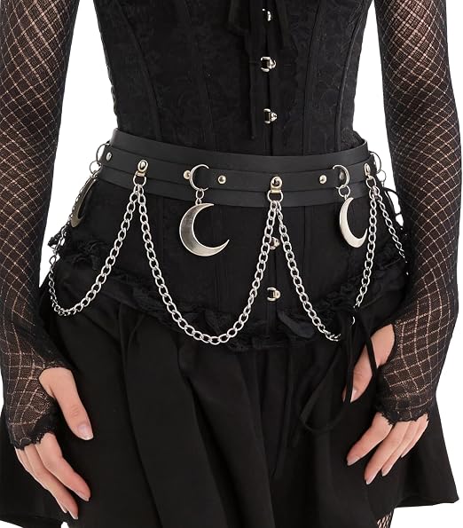 Women Adjustable Chain Waist Belt with Faux Leather Strap, Moon Charm Punk Gothic Belt Chain for Skirts Dresses(Waist 25.6-32.7in) - skull wallet