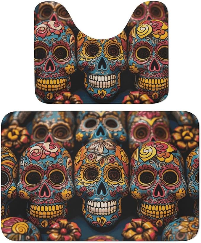 Colorful Sugar Skulls Bathroom Rugs Set 2 Piece - Super Soft Coral Fleece Bath Rug & U-Shaped Toilet Mat Non-Slip Absorbent Floor Mat for Bathroom, Living Room, Bedroom 15.7"x23.6" - skull toilet rug