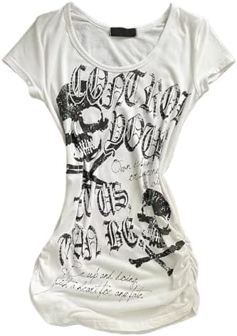 Women Grunge Skull Star Graphic Baby Tee Y2K Alt Indie Aesthetic T-Shirt Vintage 90s Gothic Slim Fit Harajuku Crop Top - skull tshirt