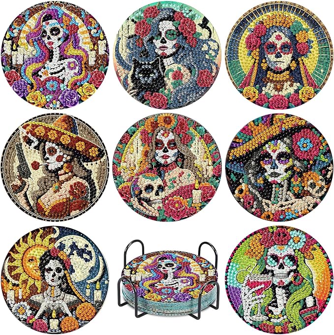 hkejoi Skull Diamond Art Coasters Kit for Adults, 8 Pcs Skull Diamond Painting Coasters with Holder, 5D Gem Art, DIY Crafts Diamond Dots for Gift Home Decor - skull coaster