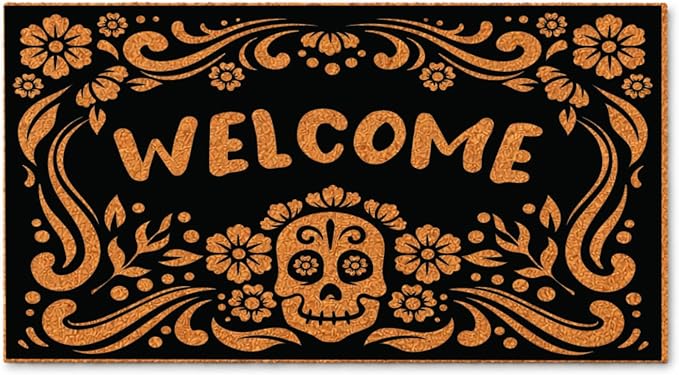 Halloween Doormat - Welcome Sugar Skull Floral Black (16x24) 1660 - skull door mat