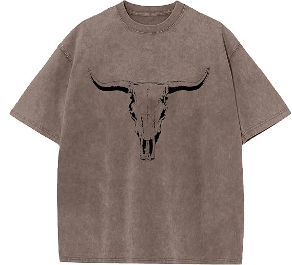 Boho Cow Skull Shirt for Men Western Cowboy Vintage T-Shirts Oversized Rodeo Graphic Tee Bull Skull Short Sleeve Tops - skull tshirt