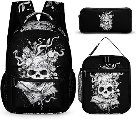 Skull Books Cute Backpack Sets with Lunch Box And Pencil Case Casual 3Pcs Daypack Set for Women Men - skull backpack