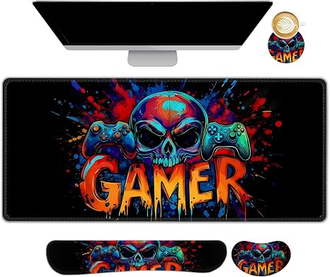 Large Gaming Mouse Pad Set, Keyboard Wrist Rest Support + Extended Mouse Pad + Mouse Wrist Cushion + Coaster, Skull Gamer Ergonomic Memory Foam Multifunctional Desk Mat 35x15.7inch - skull coaster