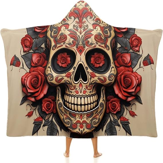 Red Rose Sugar Skull Wearable Blanket Hoodie Oversized Hooded Blanket Adult Blankets Hoodies Sweater Blankets - skull hoodie