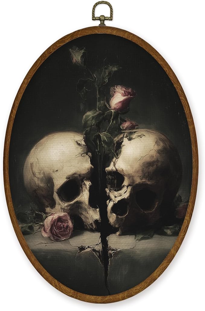 WULQYING Vintage Gothic Floral Skull Wall Art Decor, Dark Academia Cottagecore Oval Framed Canvas Art Prints, Spooky Moody Skull Wall Hanging Decor for Home Bedroom Living Room, 8.5x11.4 Inches - skull wall art