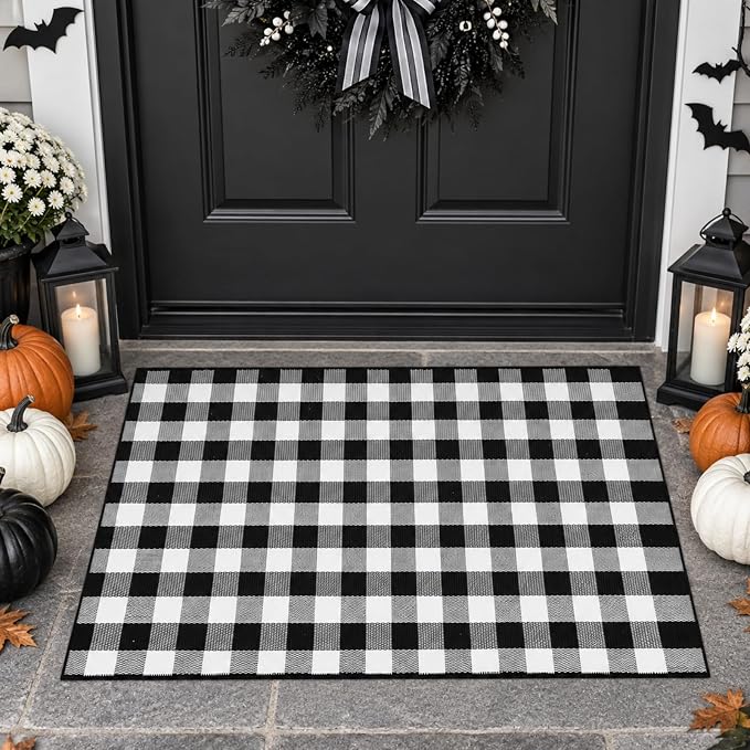 Drydiet 2’x3′ Black White Plaid Rug Halloween Outdoor Decor for Porch, Door