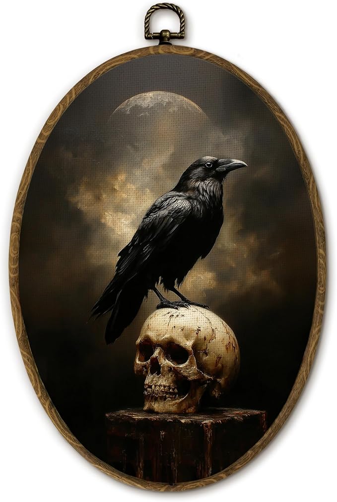 Yjeslw Vintage Gothic Skull Crow Oval Wall Art Decor, Dark Academia Black Raven Canvas Prints Framed, Moody Goth Bird Wall Hanging Decor for Home Bedroom Living Room, 8.6x11.4 Inches - skull wall art