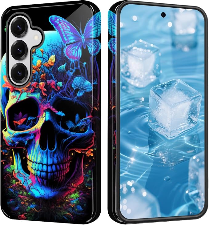 for Samsung Galaxy S26 Case,Dual-Layer Shockproof Protective Phone Cover,Slim TPU + Hard PC Bumper with Raised Screen & Camera Protection,Anti-Scratch,Colorful Butterfly Skull - Skull phone case