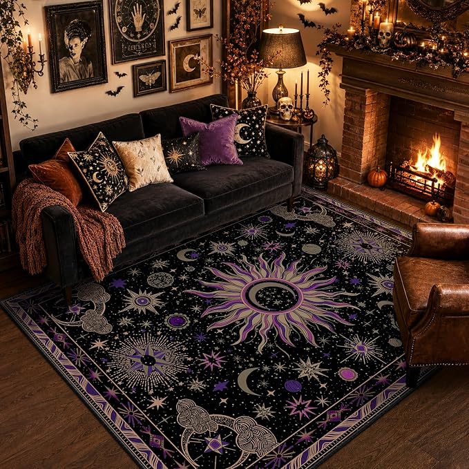 Vacuum-Friendly, 5x7 Washable Area Rug, Black Purple Beige - skull carpet