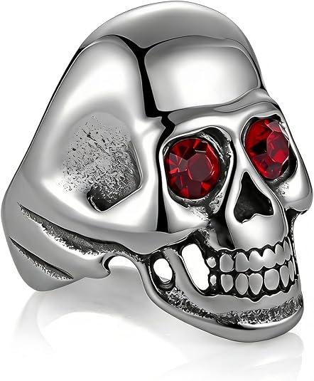 HZMAN Stainless Steel Skull Ring for Men, Red Cubic Zirconia Eyes Biker Ring, Dark Vintage Gothic Statement Jewelry Size 7-12
