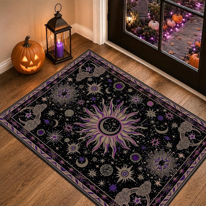 Vacuum-Friendly, 2×3 Washable Area Rug, Black Purple Beige