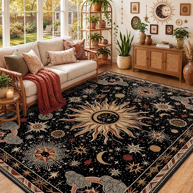 Vacuum-Friendly, 5x7 Washable Area Rug, Black Gold Beige Red - skull carpet